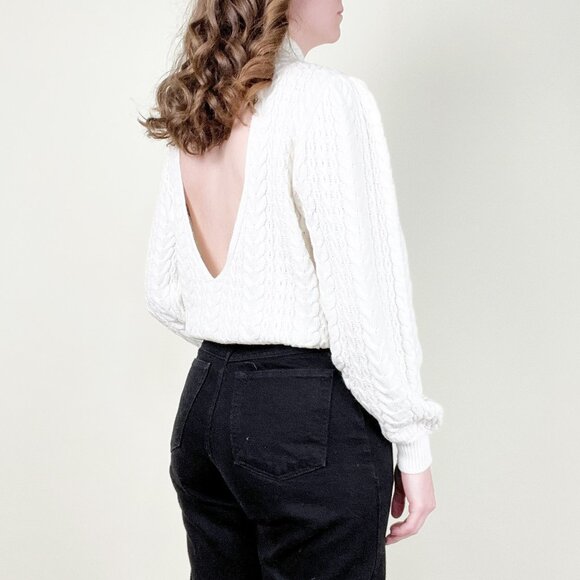 Anthropologie Cable Knit Open Back Puff Poof Balloon Sleeve Sweater Light Preppy - Picture 2 of 6